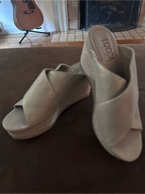 LUCCA Taupe Suede Crisscross Wedge Sandals
